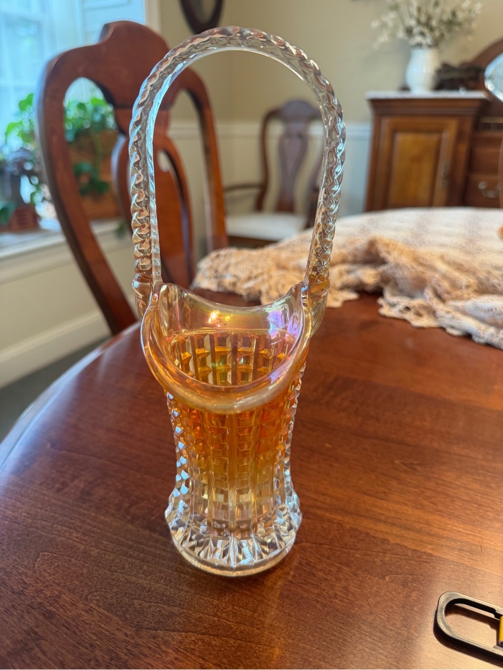 Marigold carnival glass basket in 'Waffle Block' pattern by Imperial Glass